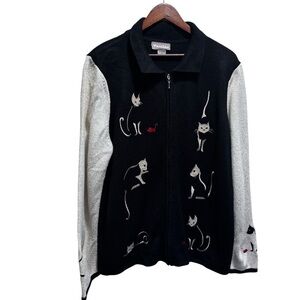 Vintage 90s Tanjay Embroidered Cat Print Zip Up Knit Cardigan Size 2x